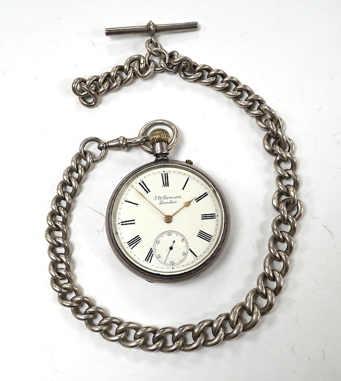 A late Victorian silver open face pocket watch, by J.W. Benson, with Roman dial and subsidiary seconds, together with a silver albert. Condition - poor to fair